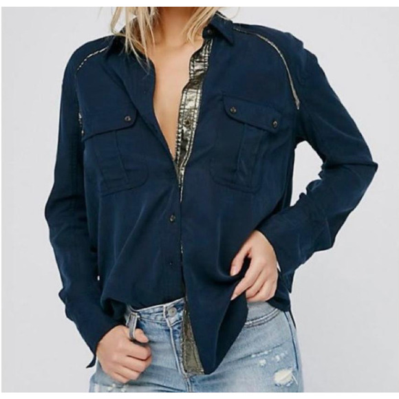 Free People Off Campus Navy Blue Metallic Long Sleeve Button Down Shirt Size XS - Picture 1 of 13